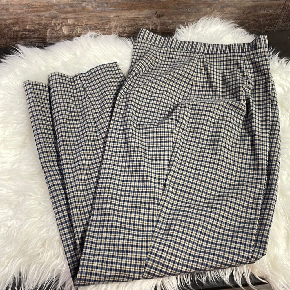 Fundamental Things Ladies Dress Pants sz 12, Tan & Blue small plaid pleated